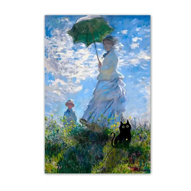 Decorbites™ black cat starry night canvas wall art featuring a woman in white dress with a green umbrella under blue sky