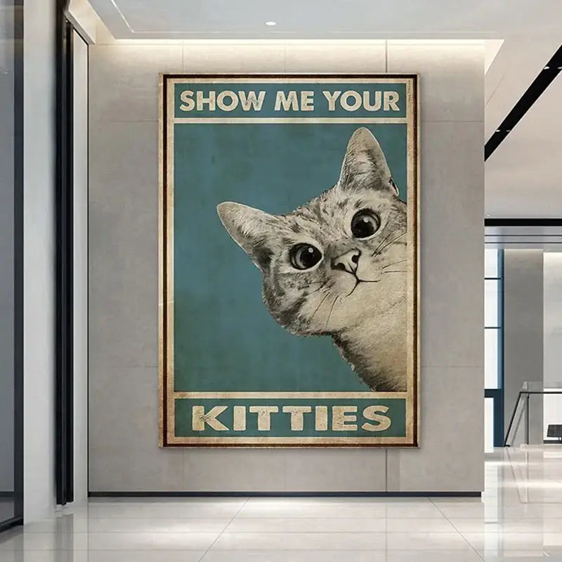A framed decorbites™ black cat reading music poster featuring a vintage gray tabby cat on teal for home decor