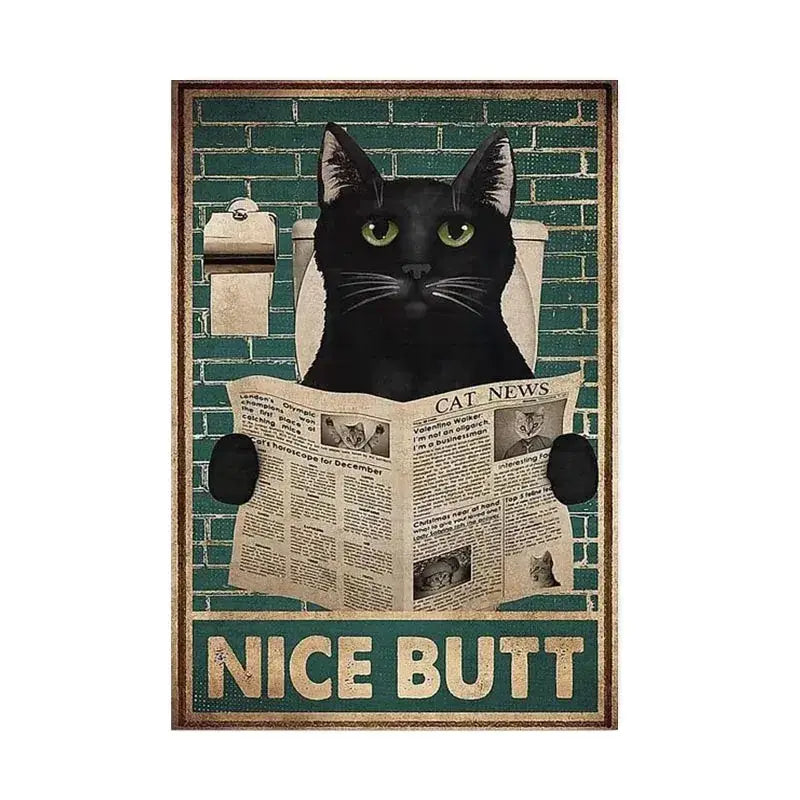 DecorBites black cat reading music poster features a black cat reading cat news in front of a vintage brick wall