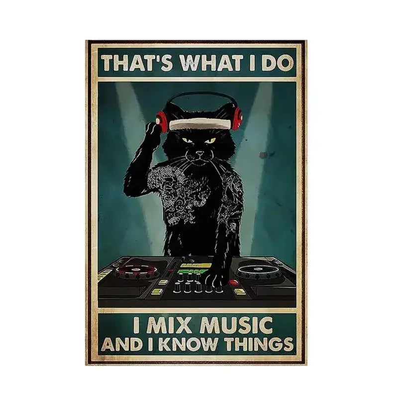 Decorbites™ black cat reading music poster featuring a black cat with white tattoos and red silver headphones behind dj mixer