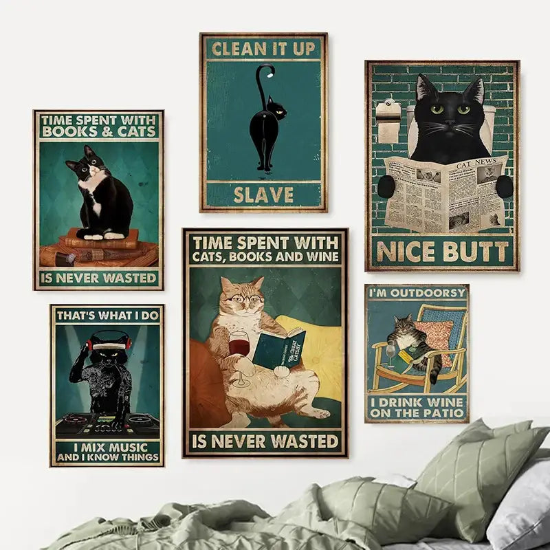 Set of six vintage-style cat-themed posters featuring black cat reading illustrations in rustic wooden frames for home decor