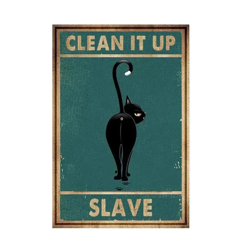 Teal vintage-style DecorBites™ poster featuring a black cat reading with yellow eyes framed in rustic wood for home decor