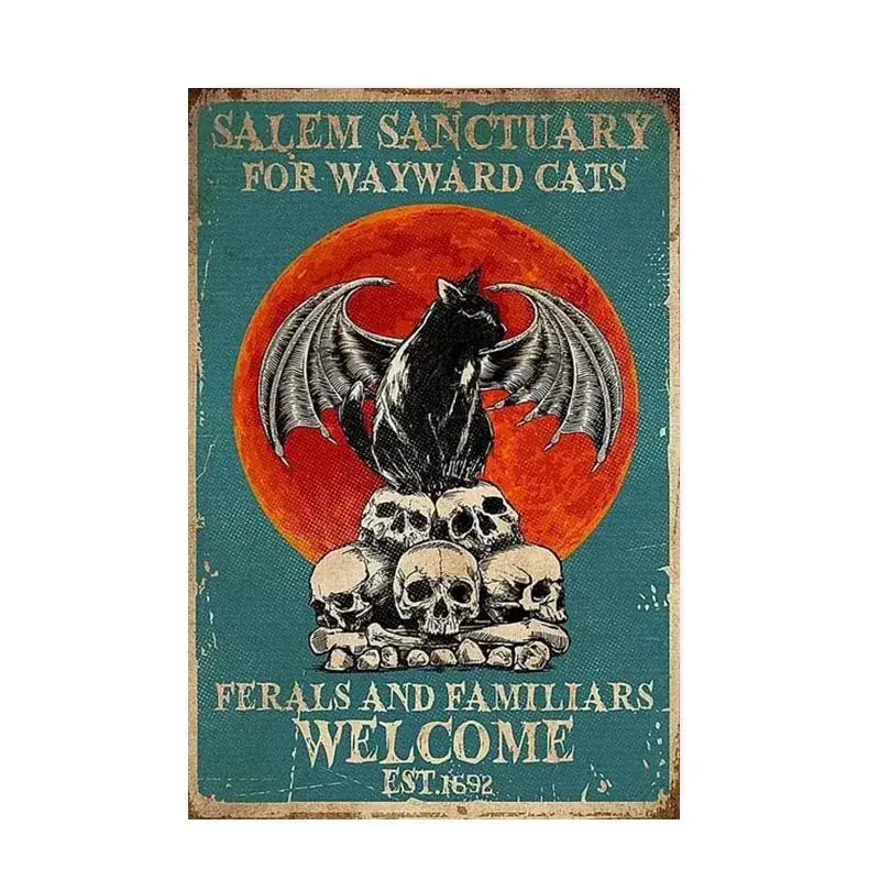 Vintage-style decorbites™ black cat reading music poster with black cat and bat wings atop skulls on an orange backdrop