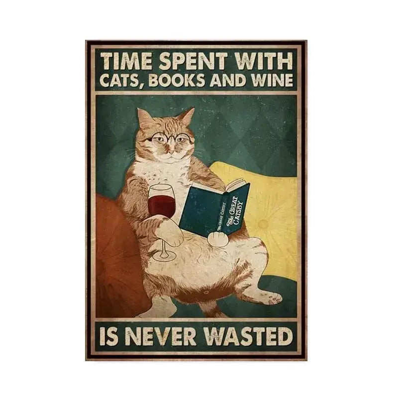 Vintage-style poster from decorbites featuring a ginger tabby cat reading the great gatsby with wine for home decor