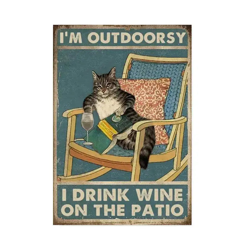 Vintage-style decorbites™ black cat reading poster with tabby cat in rocking chair and outdoorsy wine text for home decor
