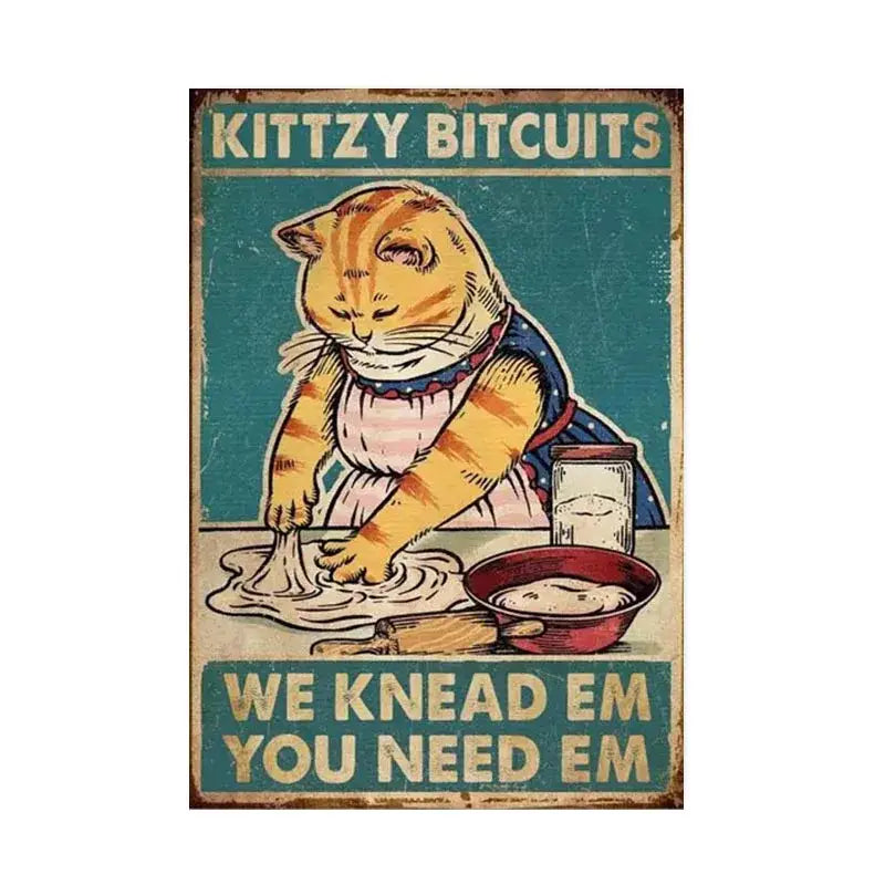 Vintage teal and beige poster featuring a cartoon orange tabby cat kneading dough with kittzy bitcuits text for home decor