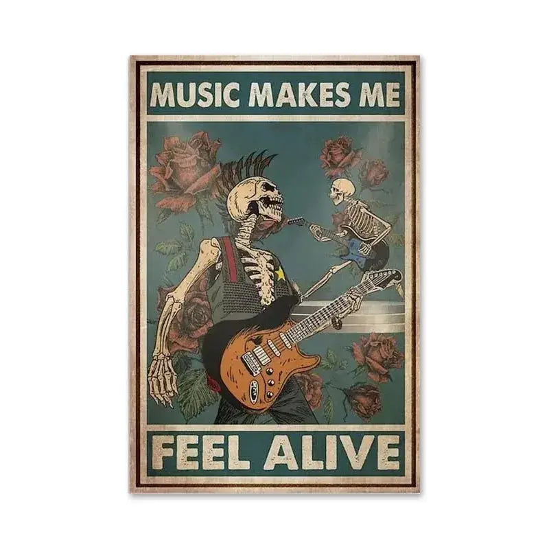 Vintage-style decorbites™ black cat reading music poster with skeletal musicians teal background and faded roses