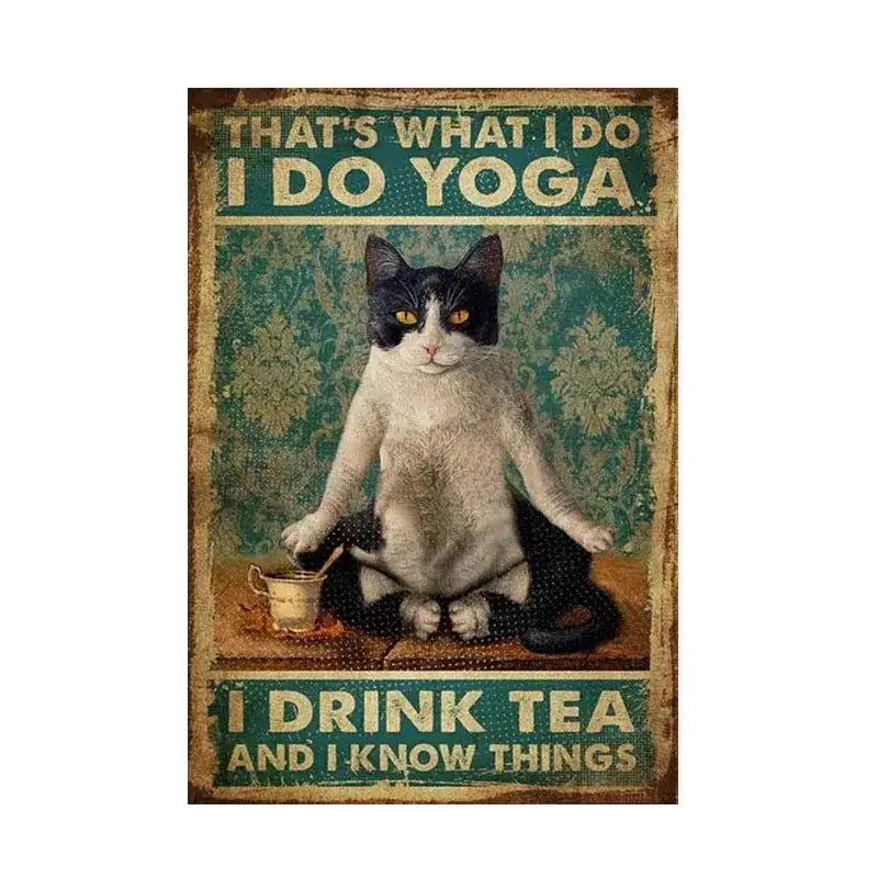 Vintage-style DecorBites™ black cat reading music poster features a black and white cat with glowing eyes on green damask