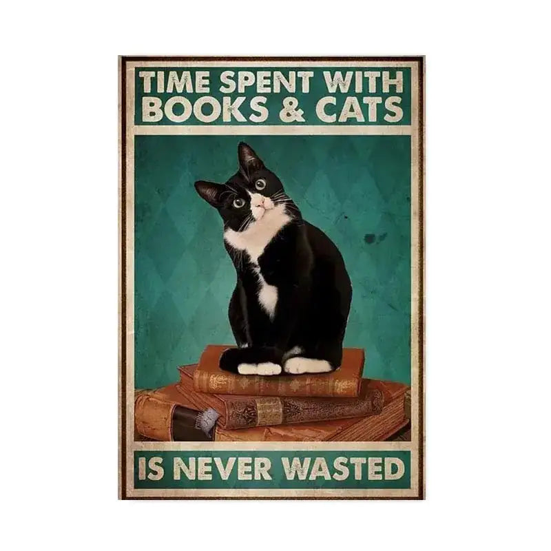 DecorBites™ black cat reading music poster featuring a fluffy black and white cat atop vintage books for home decor