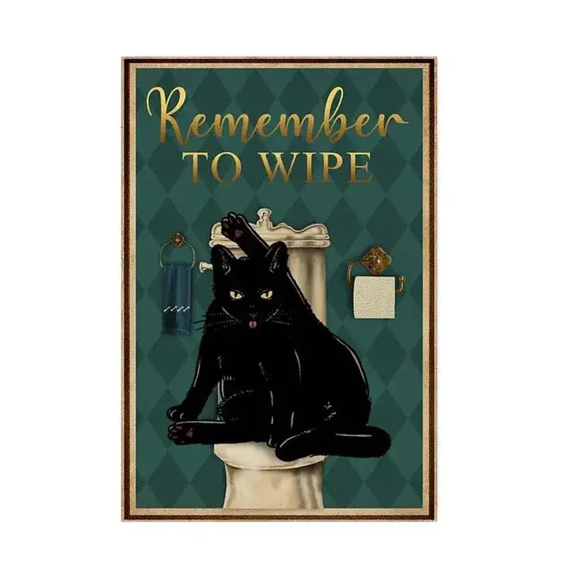 Decorbites™ black cat reading music poster features a black cat with glowing eyes on a teal diamond-patterned background