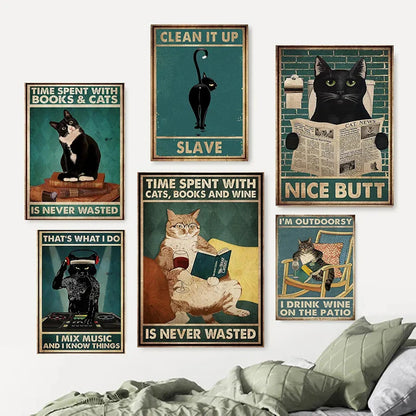 Black Cat Reading Music Poster for Home Decor - Posters
