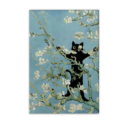 Black Cat Starry Night Canvas Wall Art - black / 20x30cm Unframed - Posters