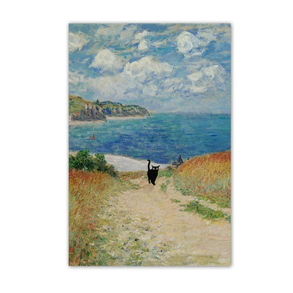 Black Cat Starry Night Canvas Wall Art - green / 40x60cm Unframed - Posters