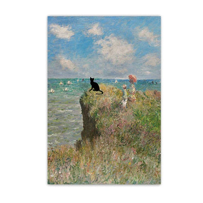 Black Cat Starry Night Canvas Wall Art - Navy Blue / 30x40cm Unframed - Posters