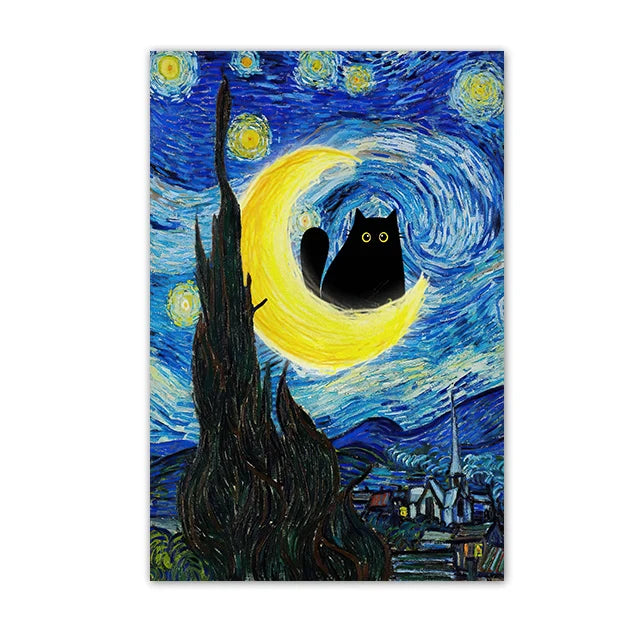 Black Cat Starry Night Canvas Wall Art - WHITE / 30x40cm Unframed - Posters