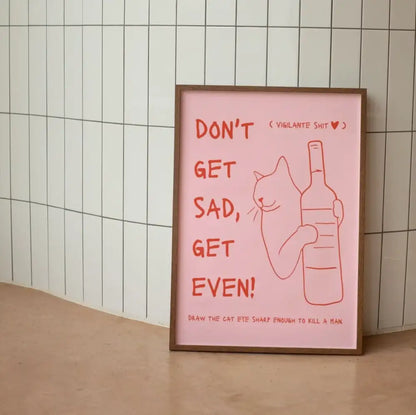 A framed pink DecorBites™ wall art canvas featuring red text and a funny black cat holding a wine bottle line drawing