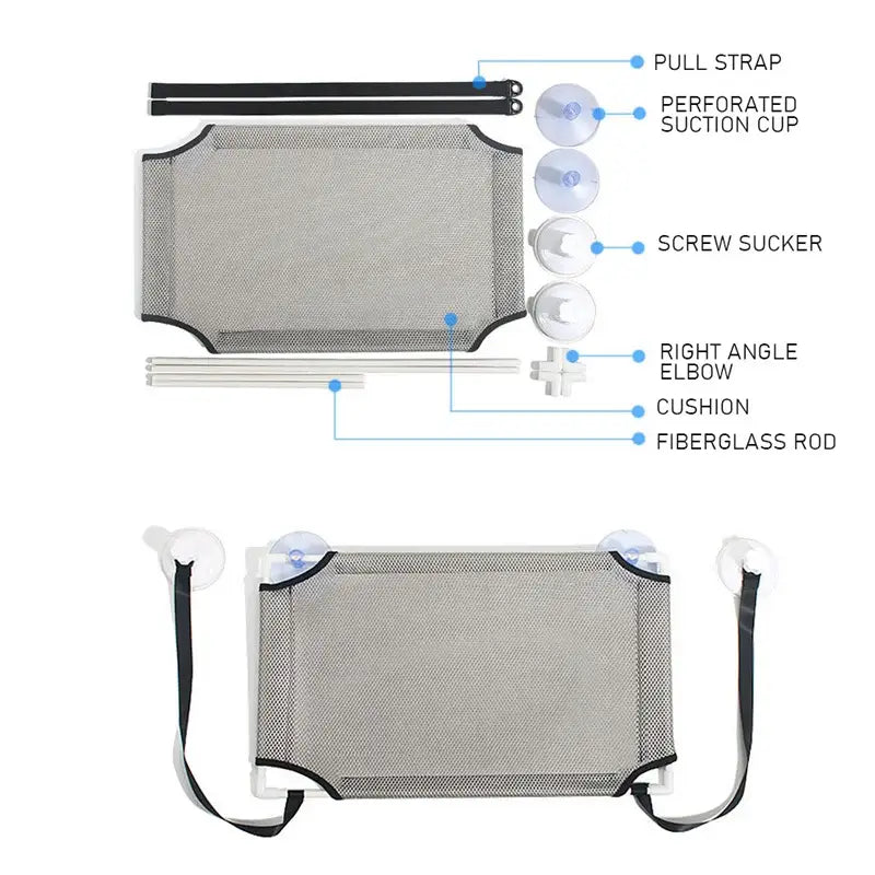 Gray mesh cat window suction bed with black trim and suction cups for secure window suction hanging use