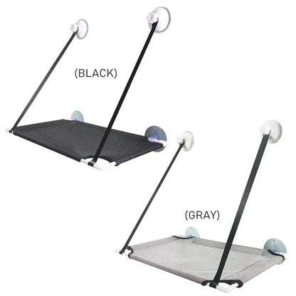 Black and gray mesh cat window suction bed with suction cup mounts for window suction hanging in living room hammock