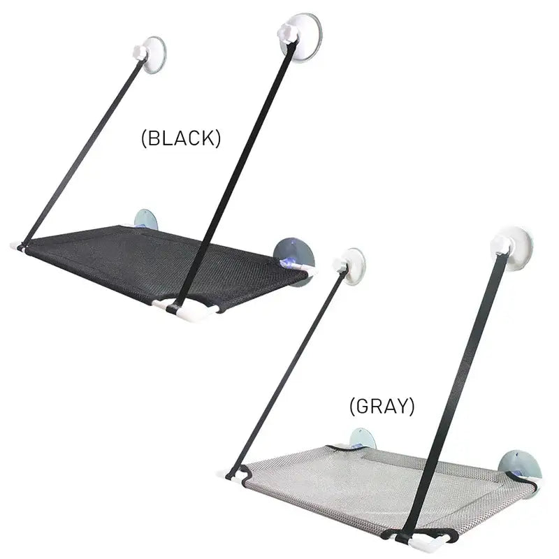 Black and gray mesh cat window suction bed with suction cup mounts for window suction hanging in living room hammock
