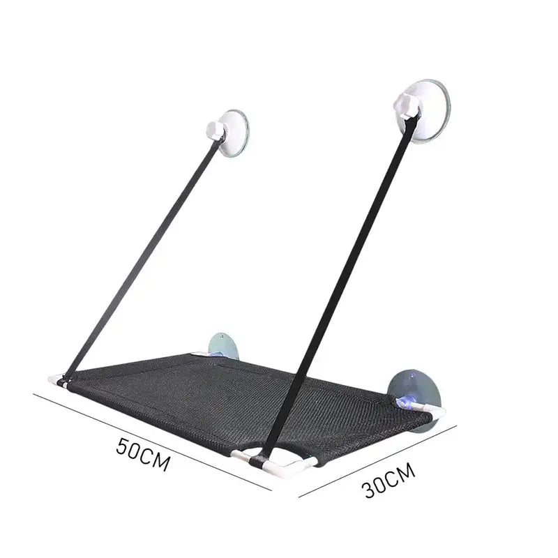 Black mesh cat window suction hanging bed with white suction cups and black straps for living room hammock use