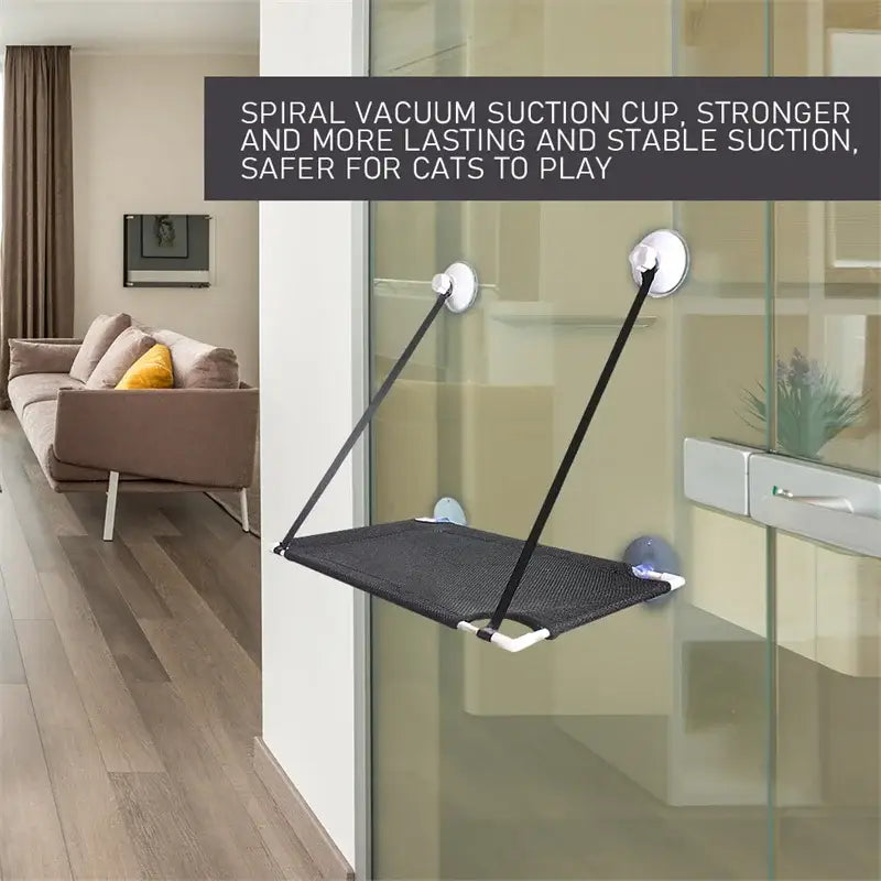Black mesh cat window suction hanging bed with white suction cups and black straps for living room hammock use