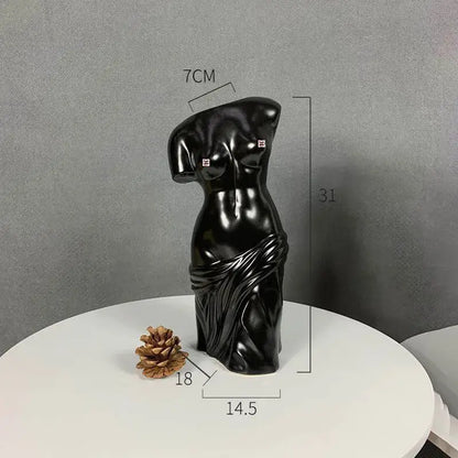 Black glossy resin human body figurine bust vase with draped fabric for living room decorbites human body decor