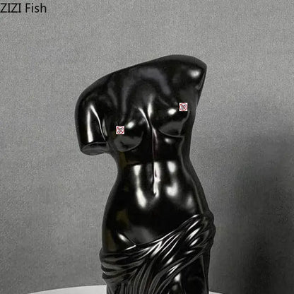 Black ceramic female body figurine bust vase in glossy resin with venus de milo style for decorbites human body decor