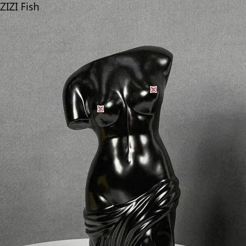 Black ceramic female body figurine bust vase in glossy resin with venus de milo style for decorbites human body decor