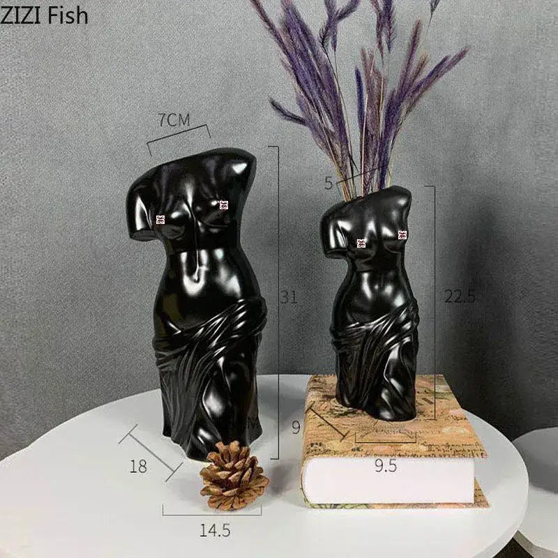 Black glossy ceramic female body figurine bust vases in two sizes ideal for living room decorbites human body decor
