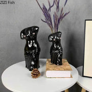 Black ceramic female body figurine bust vases with square chest embellishments for living room decorbites human body decor
