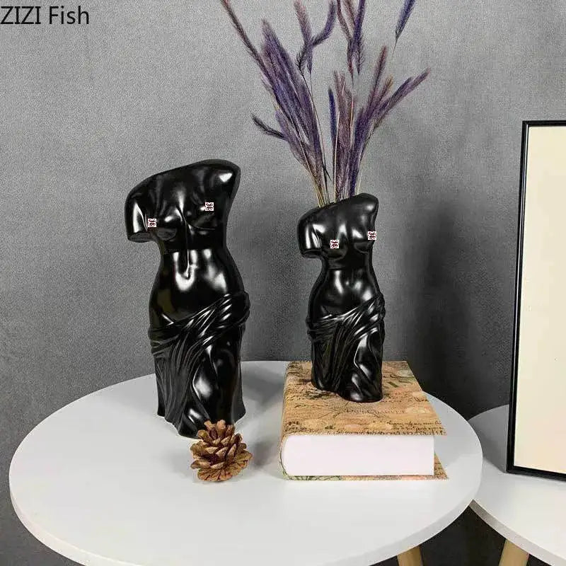 Black ceramic female body figurine bust vases with square chest embellishments for living room decorbites human body decor