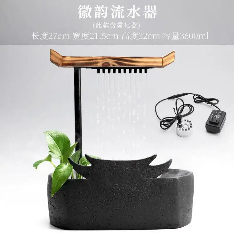 Black ceramic water fountain with wood roof and misting function for living room decor by decorbites ceramic water