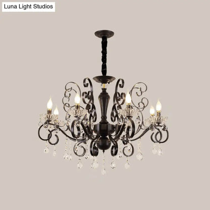Black Chandelier with Crystal Strands - Metallic Candle Hanging Lamp Kit (6/8 Bulbs), Minimalistic Design