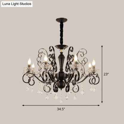 Black Chandelier with Crystal Strands - Metallic Candle Hanging Lamp Kit (6/8 Bulbs), Minimalistic Design