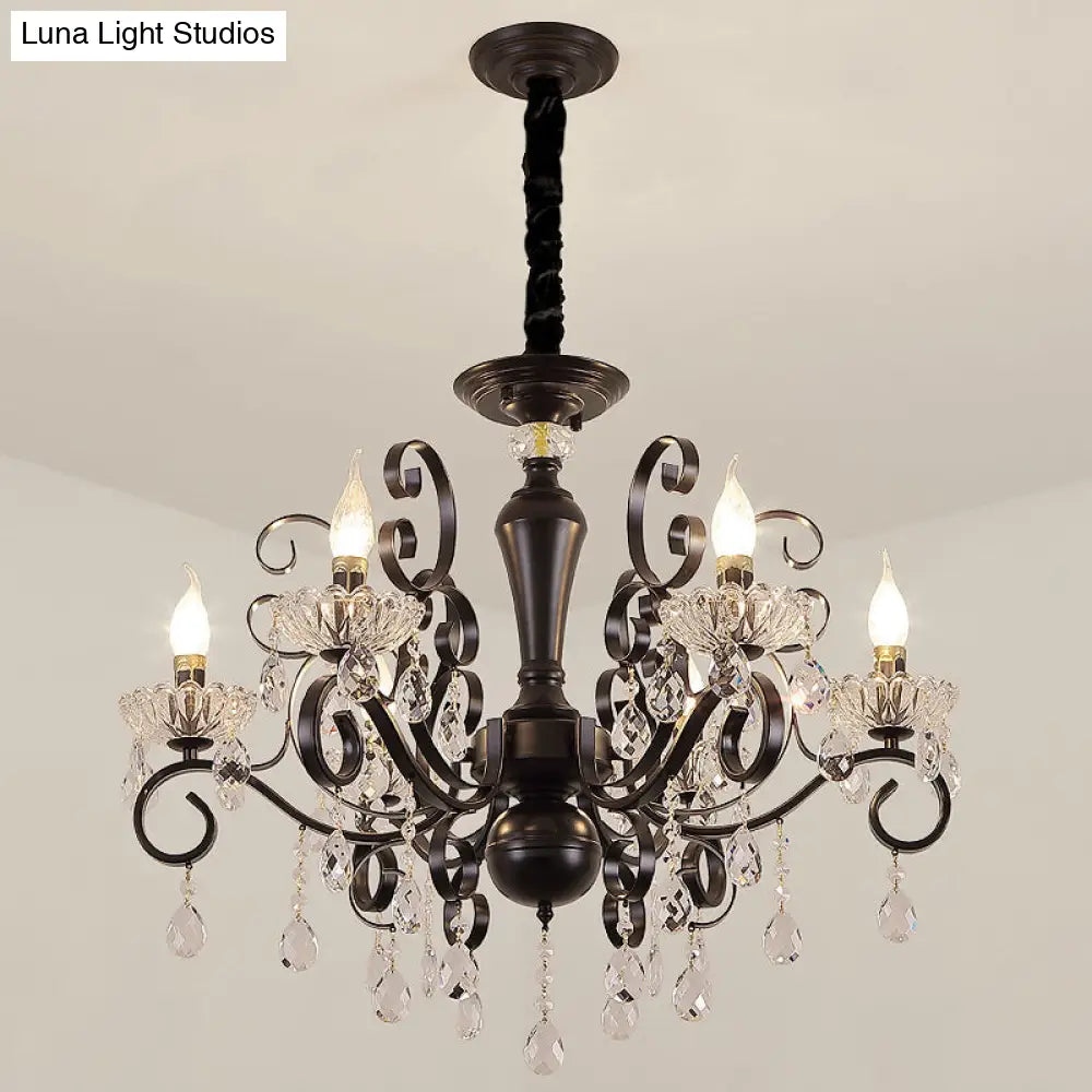 Black Chandelier with Crystal Strands - Metallic Candle Hanging Lamp Kit (6/8 Bulbs), Minimalistic Design