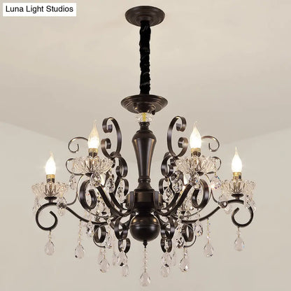 Black Chandelier with Crystal Strands - Metallic Candle Hanging Lamp Kit (6/8 Bulbs), Minimalistic Design