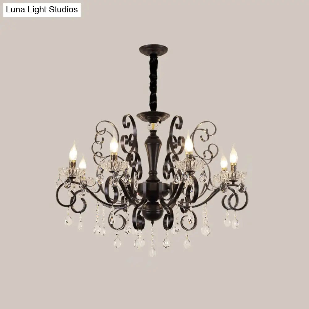Black Chandelier with Crystal Strands - Metallic Candle Hanging Lamp Kit (6/8 Bulbs), Minimalistic Design