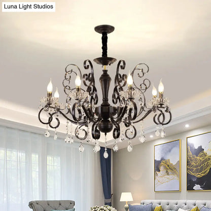 Black Chandelier with Crystal Strands - Metallic Candle Hanging Lamp Kit (6/8 Bulbs), Minimalistic Design