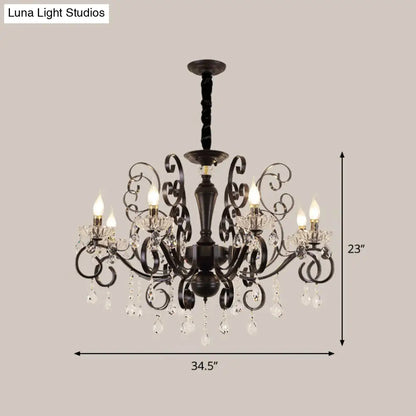 Black Chandelier with Crystal Strands - Metallic Candle Hanging Lamp Kit (6/8 Bulbs), Minimalistic Design