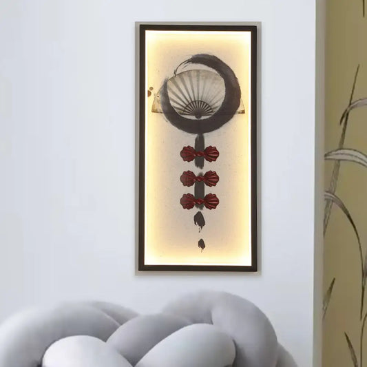 Black Chinese Style LED Wall Sconce with Abstract Living Room Wall Mural Light