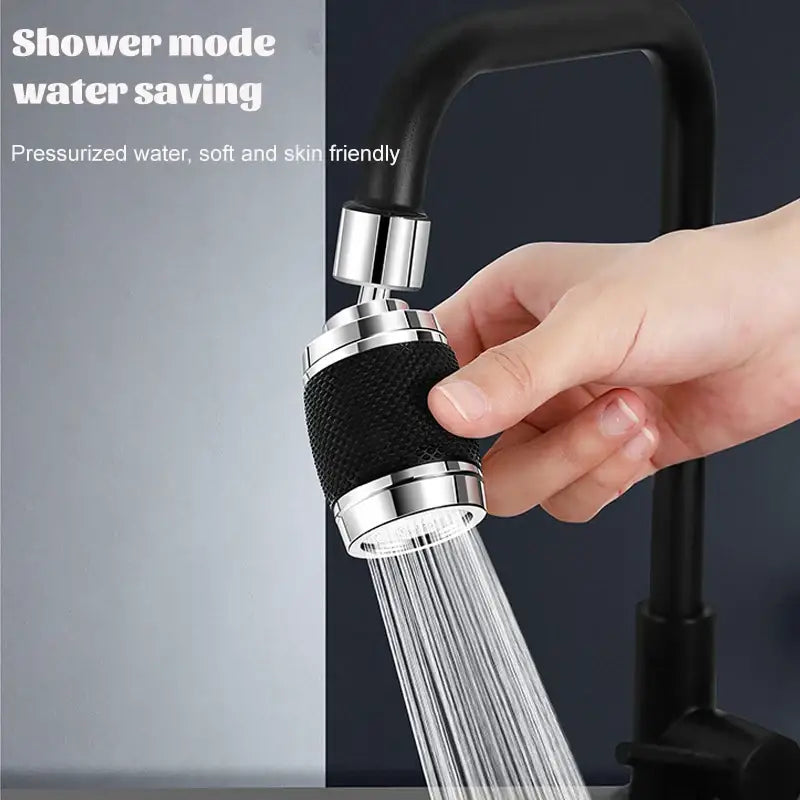 Black and chrome aluminum kitchen faucet with 360 rotating splash nozzle and textured grip for water-saving performance