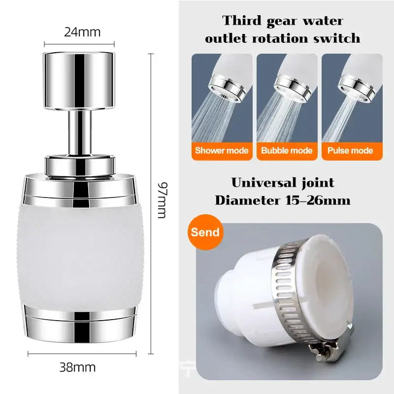 Silver and white third gear water outlet rotation switch with shower bubble and pulse modes on aluminum kitchen faucet