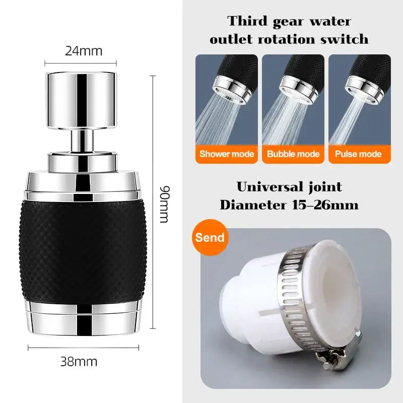 Black and chrome aluminum kitchen faucet outlet with black grip and three spray modes for space aluminum kitchen use