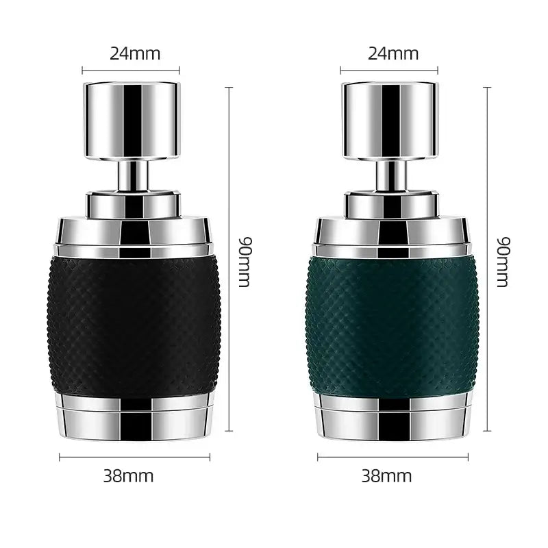 Black and chrome aluminum kitchen faucet with black and dark green textured grip handles and 360 rotating splash nozzle