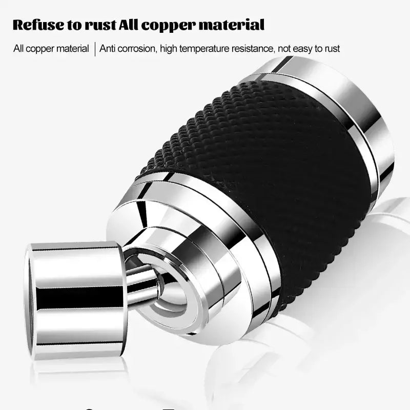 A sleek black and chrome aluminum kitchen faucet splash nozzle with a 360 rotating copper pipe fitting and textured grip