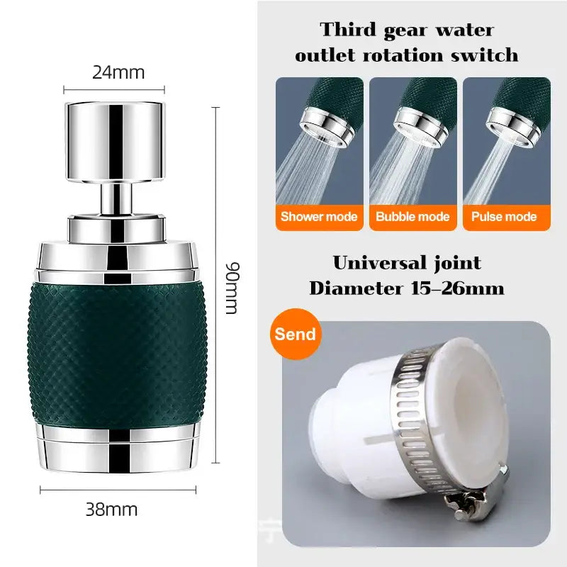 Black and chrome aluminum kitchen faucet adapter with 360 rotating splash nozzle and dark green textured grip
