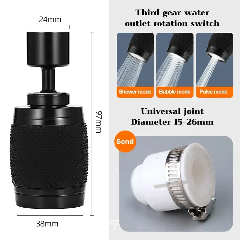 Black textured metal showerhead attachment with three-gear rotation switch for space aluminum kitchen faucet nozzle