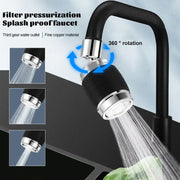 Black and chrome aluminum kitchen faucet with 360-degree rotating splash nozzle made of fine copper material