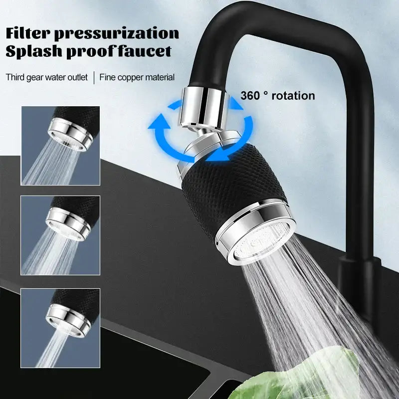 Black and chrome aluminum kitchen faucet with 360-degree rotating splash nozzle made of fine copper material