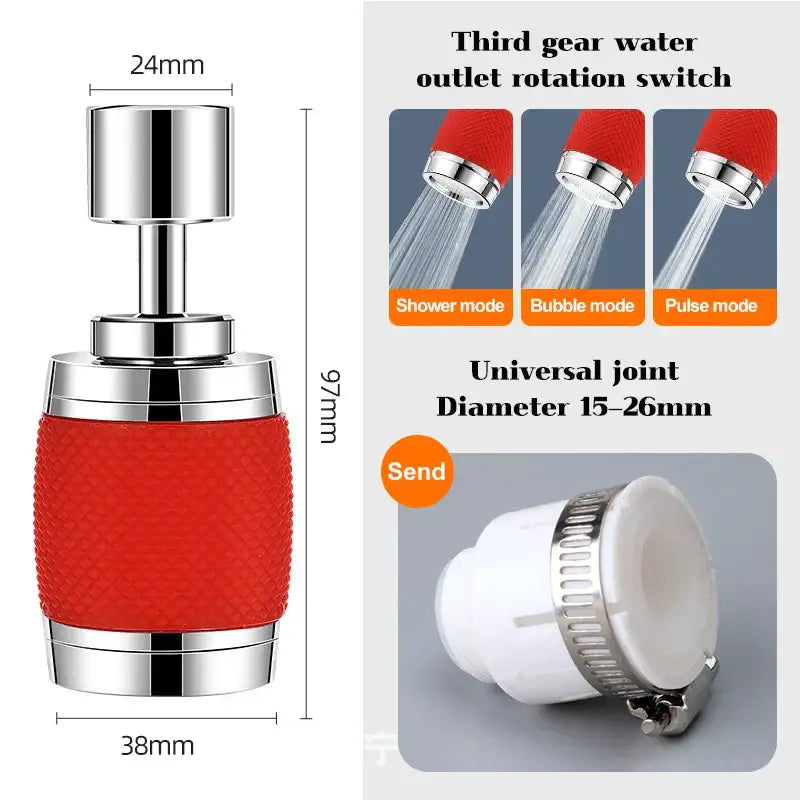 Black and chrome aluminum kitchen faucet with red textured grip third gear water outlet rotation switch